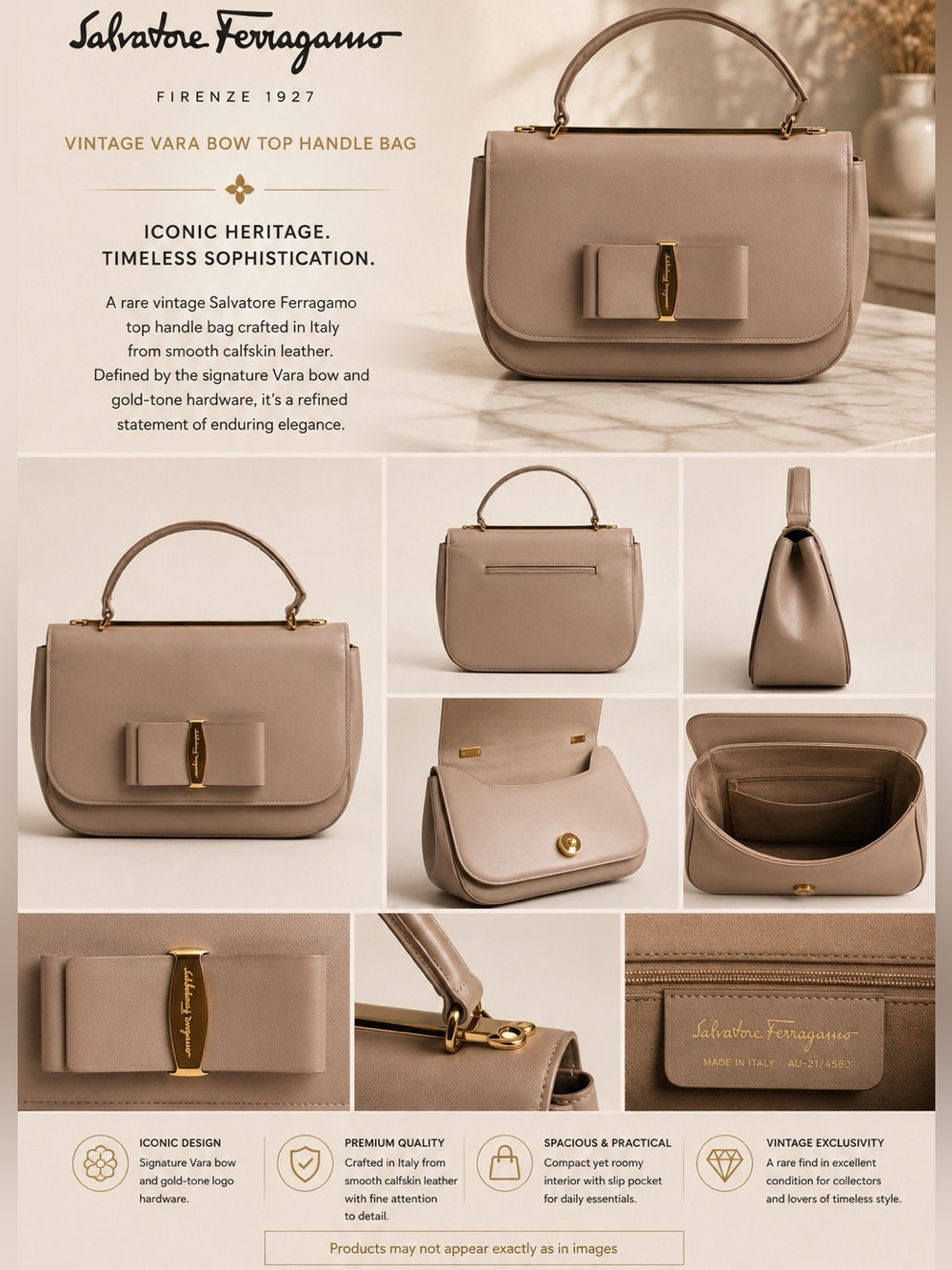 #R32 Salvatore Ferragamo Vara Ribbon 2way Shoulder Bag Cream